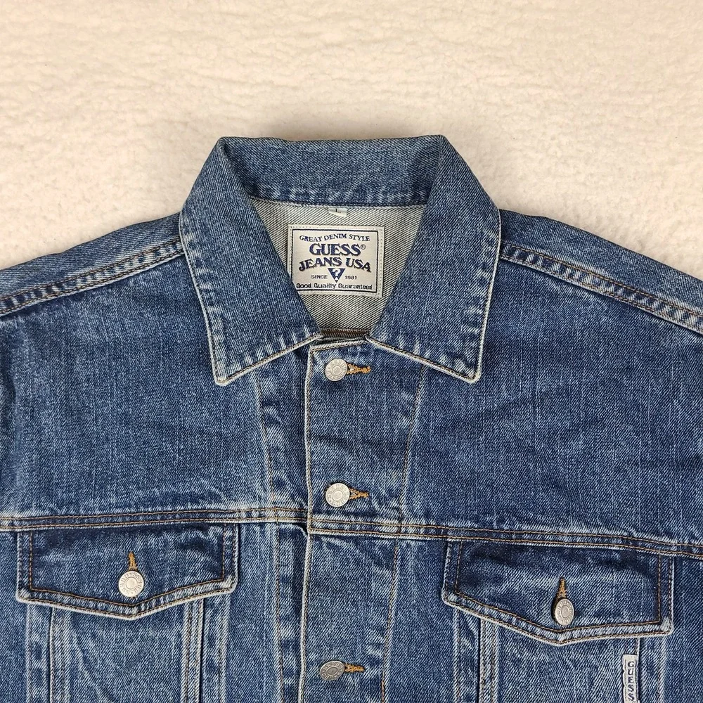 Guess Jean Denim Trucker Jacket Mens Large Blue Flap‎ Pocket VTG USA Style 10807